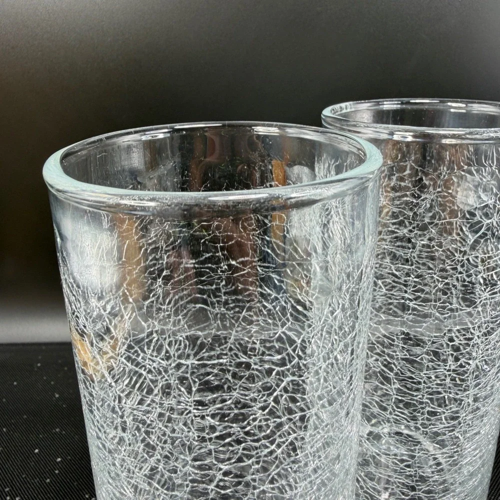 Pier 1 Crackle Glass Highball Tumblers Clear Set of 2 Cups Glasses Cups 6.25in